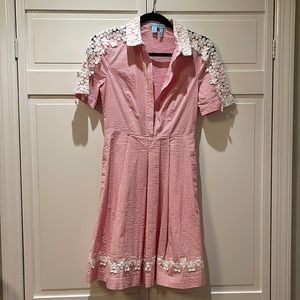 Draper James Pink and White Seersucker Dress with White Lace Floral Detailing